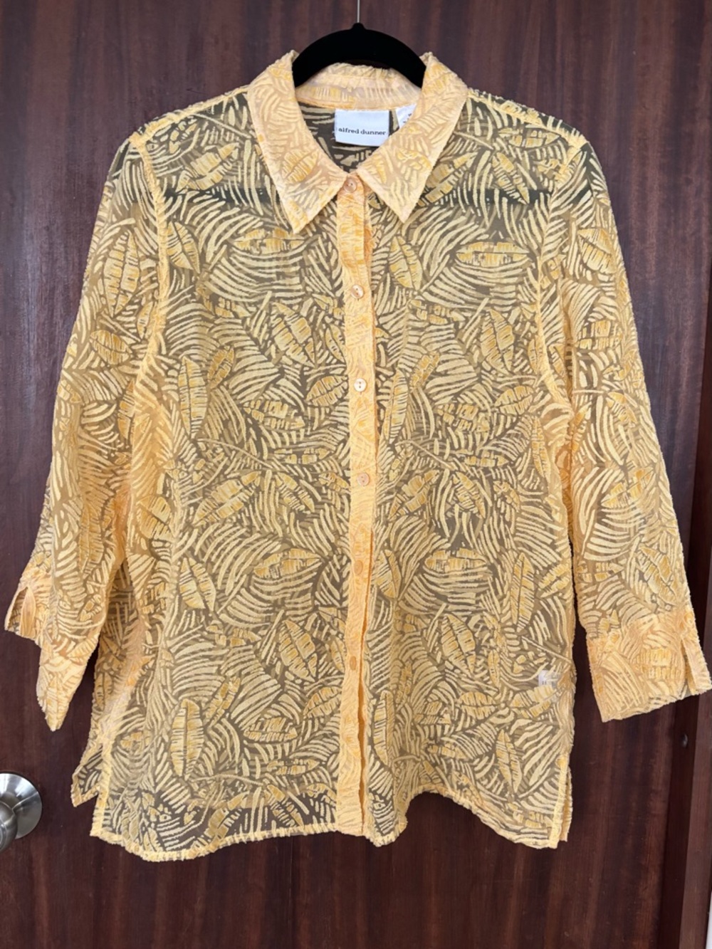 Alfred Dunner Yellow Leaf-Pattern Lace Shirt